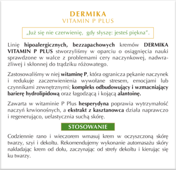 Opis kremu Dermika Vitamin P Plus na białym tle, z tekstem o redukcji zaczerwienień i witaminie P.