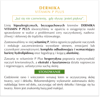 Blok tekstu marketingowego Dermika Vitamin P Plus. Opis hipoalergicznego kremu dla cery naczynkowej, redukującego rumień.