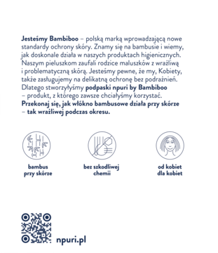 Biały flyer npuri by Bambiboo: tekst o podpaskach bambusowych dla skóry wrażliwej, trzy ikony z opisem.