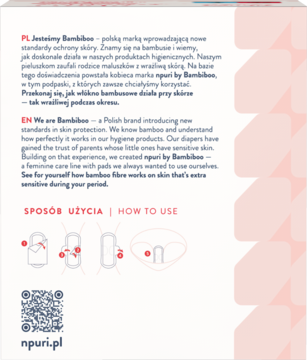 Tył opakowania hipoalergicznych podpasek npuri by Bambiboo. Widoczne opisy PL/EN, instrukcja użycia i QR kod.
