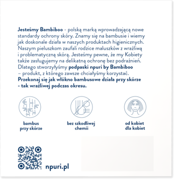 Biała ulotka informacyjna npuri by Bambiboo: tekst o bambusowych podpaskach, ikony, QR code npuri.pl.