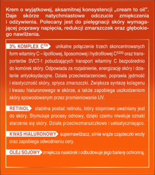 Etykieta kremu Perfecta Fenomen C 50+ z witaminą C i retinolem. Widok na szczegółowy opis składników aktywnych na pomarańczowym tle.