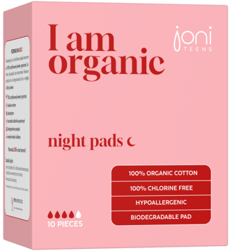 Różowe pudełko organicznych podpasek Joni Teens na noc, widok z przodu. 100% bawełna organiczna, bez chloru.