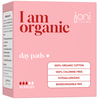 Różowe pudełko podpasek organicznych Joni Teens Day Pads, 100% bawełny, hipoalergiczne, widok z przodu.