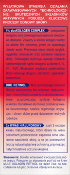 Etykieta Perfecta Multi-Kolagen Retinol: tekst o 4% duoKOLAGEN, Duo Retinol i KWASIE HIALURONOWYM.