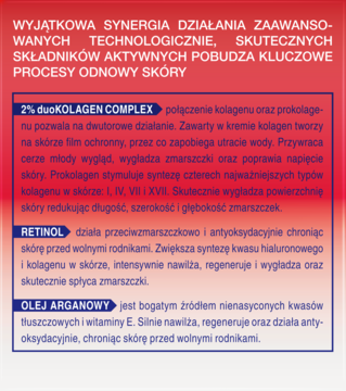 Etykieta kremu Perfecta Multi-Kolagen Retinol 70+. Wypisane składniki aktywne: duoKolagen, Retinol, Olej Arganowy. Czerwono-niebieskie tło.