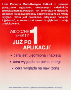 Tył opakowania kremu przeciwzmarszczkowego Perfecta Multi-Kolagen Retinol, czerwono-biały, z tekstem o szybkich efektach.