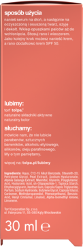 Tył pomarańczowego opakowania hialuronowego serum Tołpa 30 ml, z opisem i składem.
