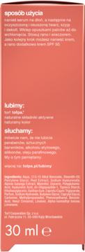 Koralowe serum Tołpa z witaminą C, 30ml, tył opakowania z instrukcją użycia i pełną listą składników.