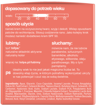 Tył koralowego opakowania kremu Tołpa ze skalą wieku i instrukcją użycia oraz listą składników.