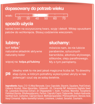 Tył brzoskwiniowego opakowania kremu do twarzy tołpa z gradientem wieku, opisem użycia i listą składników.