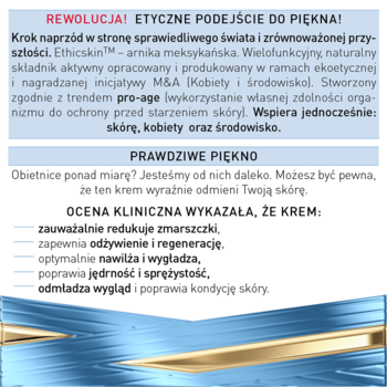 Fragment reklamy kremu Janda Hialuron Reconstructor, szczegóły kliniczne: redukcja zmarszczek, nawilżenie.