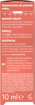 Różowe opakowanie kremu pod oczy Tolpa 10ml, widok tyłu z instrukcją użycia, składem i skalą wieku.