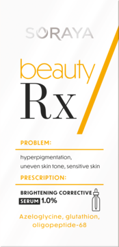 Biała etykieta serum Soraya Beauty RX 1.0% na przebarwienia z Azeloglycine i Glutationem, widok z przodu.