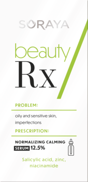 Biała etykieta Soraya Beauty Rx Normalizing Calming Serum 12.5% do skóry tłustej, widok przodem, z ikoną.