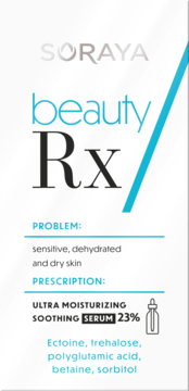 Białe opakowanie serum Soraya Beauty Rx nawilżającego, do skóry wrażliwej, z niebiesko-czarnym tekstem, widok z przodu.