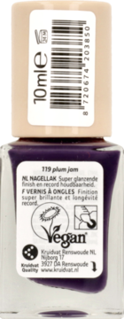 Tył butelki ciemnofioletowego lakieru Kruidvat High Gloss, odcień 119 plum jam, z etykietą i kodem.