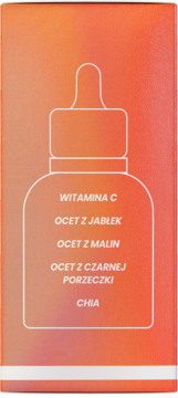 Tył pomarańczowego opakowania serum Glow Stars Jelly Bright z listą składników: witamina C, octy owocowe, chia.