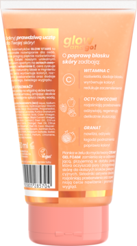 Tył pomarańczowej tubki pianki Glow Stars Creamy Gel Foam, opis składników: witamina C, octy owocowe, granat.