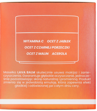 Tył opakowania masełka Glow Stars Lava Balm z listą składników: witamina C i octy owocowe, opis działania.