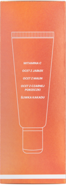 Boczny panel opakowania kremu Glow Stars Supreme Glow. Biały kontur tubki z listą składników: witamina C, octy owocowe, śliwka Kakadu.