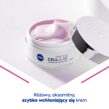 NIVEA Cellular Expert Filler krem anti-age. Otwarty biały słoiczek z różowym, aksamitnym kremem.