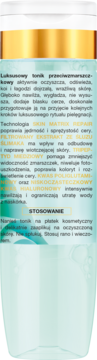 Tył butelki Dermika Maestria toniku przeciwzmarszczkowego, jasnoturkusowa z polskim opisem, złotym paskiem.
