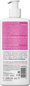 Tył białej butelki Soraya Beauty Rx regenerująco-łagodzącego mleczka do ciała z pompką.