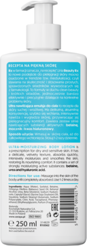 Tył białej butelki Soraya Beauty Rx z pompką, ultra nawilżającej emulsji do ciała, widoczne składy.