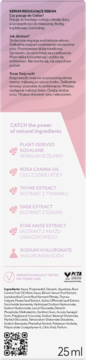 Tył opakowania serum regulującego sebum 25ml, biała etykieta z czarnym tekstem i listą składników, widoczne certyfikaty.