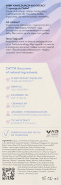 Tył kremu nawilżająco-łagodzącego Catch A Tiger 40 ml z listą naturalnych składników, certyfikatem PETA.