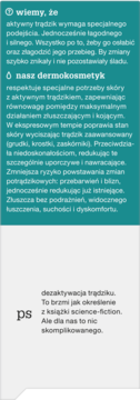 Promocyjna grafika o dermokosmetyku na trądzik: tekst o osłabianiu trądziku i dezaktywacji.