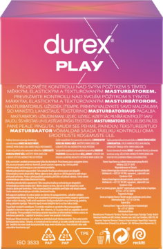Tył opakowania Durex Play masturbatora, kolorowy gradient (fiolet, pomarańcz), z białym tekstem i opisem w wielu językach.