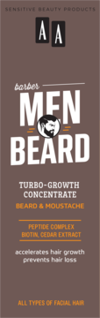 AA Men Beard Turbo-Growth Concentrate, pionowa brązowa etykieta, logo z brodą, teksty o składnikach.