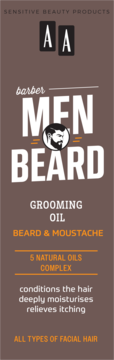 AA Men Beard Barber Grooming Oil do brody, brązowa prostokątna butelka, napis MEN BEARD i ikona brodacza.