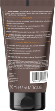 Tył brązowej tuby AA MEN BEARD, kosmetyku do brody, z tekstem po angielsku i polsku oraz pojemnością 150ml.