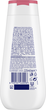 Tył białej butelki żelu Dove Advanced Care Reviving. Widoczne składniki, kod kreskowy i oznaczenie 225ml.