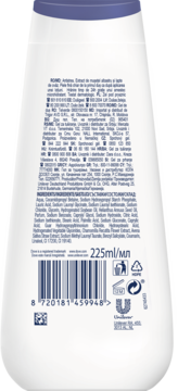 Tył białego żelu pod prysznic Dove Advanced Care Anti-Stress 225ml z etykietą zawierającą skład i kod kreskowy.