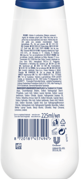 Tył białej butelki żelu Dove Advanced Care 225ml z niebieską nakrętką, widoczny kod kreskowy i lista składników.
