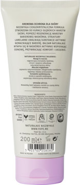 Tył opakowania wegańskiego balsamu Yope Creamy Musk 200ml z mango i marula. Biało-różowa tubka, widoczne składniki.