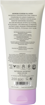 Tył rozświetlającego balsamu Yope Creamy Amber, beżowa tubka 200ml z różową nakrętką, skład.