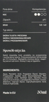 Tył opakowania peelingu kwasowego Alkmie 30ml na noc, dla skóry tłustej z niedoskonałościami, z listą składników.