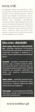 Strona informacyjna balsamu Routines by Alkmie: opis działania, składniki (mango, shea).