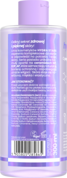 Tył fioletowej butelki micelarnej wody Hydra Stars 300 ml z polskim tekstem o składnikach i kodem kreskowym.