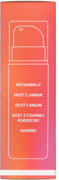 Boczna ścianka opakowania kremu pod oczy Bright Blink. Białe kontury butelki i składniki: witamina C, octy, ogórek.