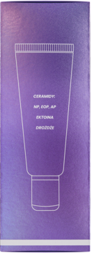 Fioletowy tył pudełka kremu Hydra Stars Rich Barrier z grafiką tubki i składnikami: ceramidy, ektoina, drożdże.