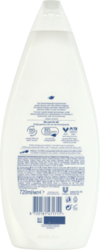 Tył opakowania białego żelu pod prysznic Dove Fresh Care 720ml, z listą składników i certyfikatami ekologicznymi.