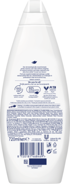 Tył białej butelki żelu pod prysznic Dove Silky Velvet 720ml, widoczne deklaracje PETA Vegan i kod kreskowy.