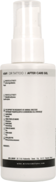 Tylna strona białej butelki Dr Tattoo After Care Gel w sprayu z widocznym składem i adresem www.