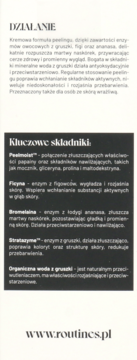 Biała ulotka Routines z czarnym tekstem opisującym enzymatyczny peeling do twarzy i jego składniki.